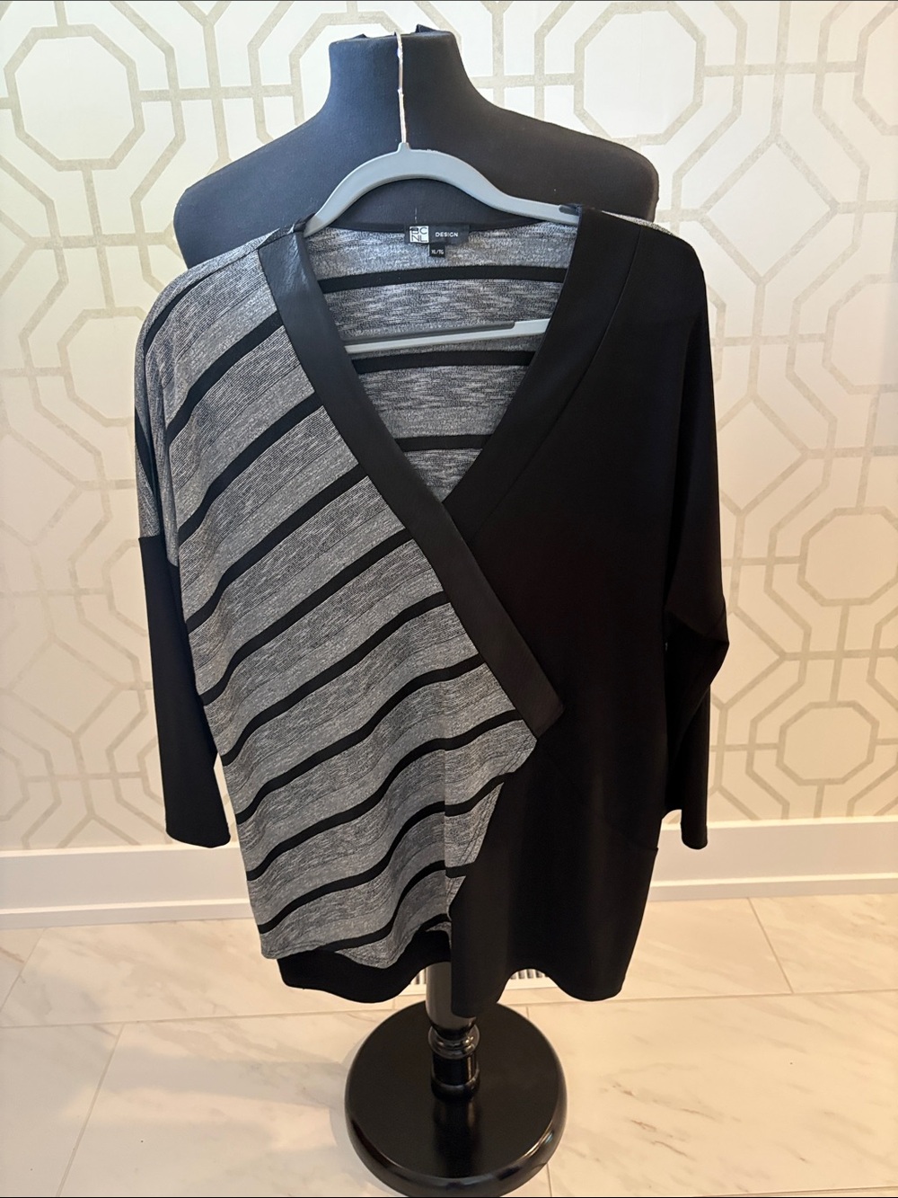 Woman’s Black & Gray Striped Tunic Top with Pleather Accent on V Front